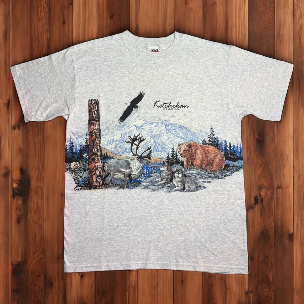 Vintage Alaska T-Shirt Mens Large Gray San Segal Wildlife Graphic Tee Nature 90s